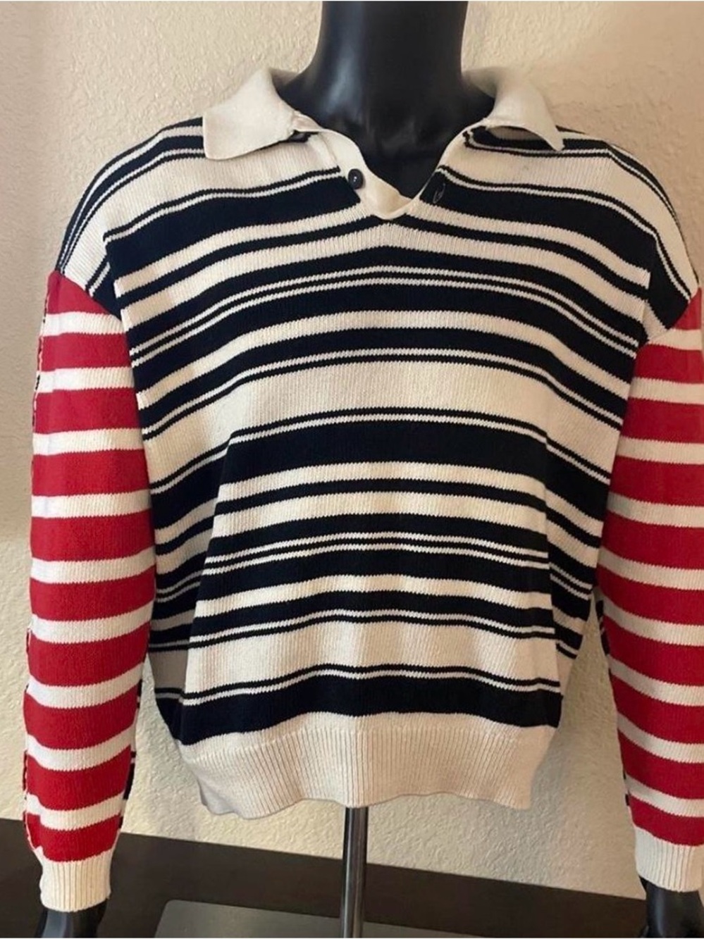Zara Men's Striped V-Neck Polo Sweater - Black, White & Red